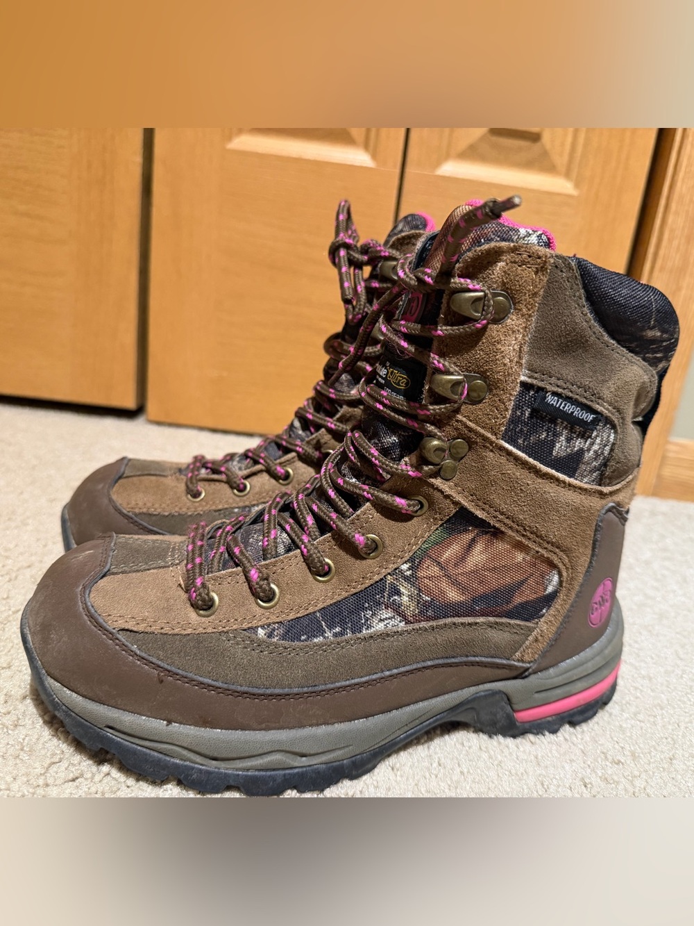 Women’s GWG Waterproof Insulated Camo Hiking Boots with Pink Accents